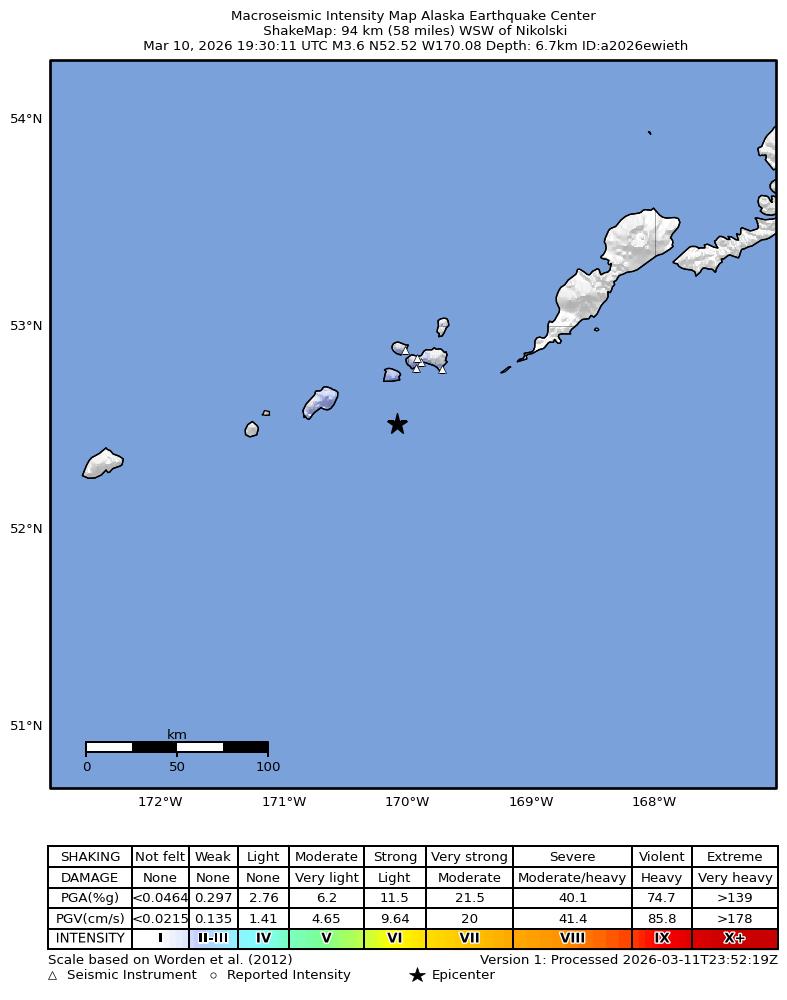 USGS ShakeMap intensity contours for the M3.6 earthquake near 95 km WSW of Nikolski, Alaska