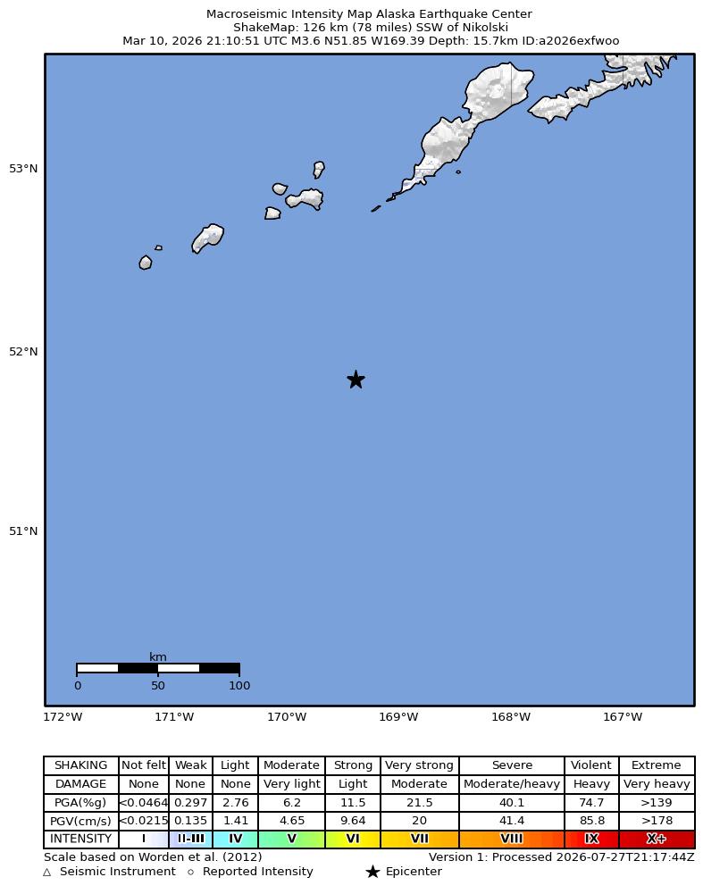USGS ShakeMap intensity contours for the M3.3 earthquake near 90 km SW of Nikolski, Alaska
