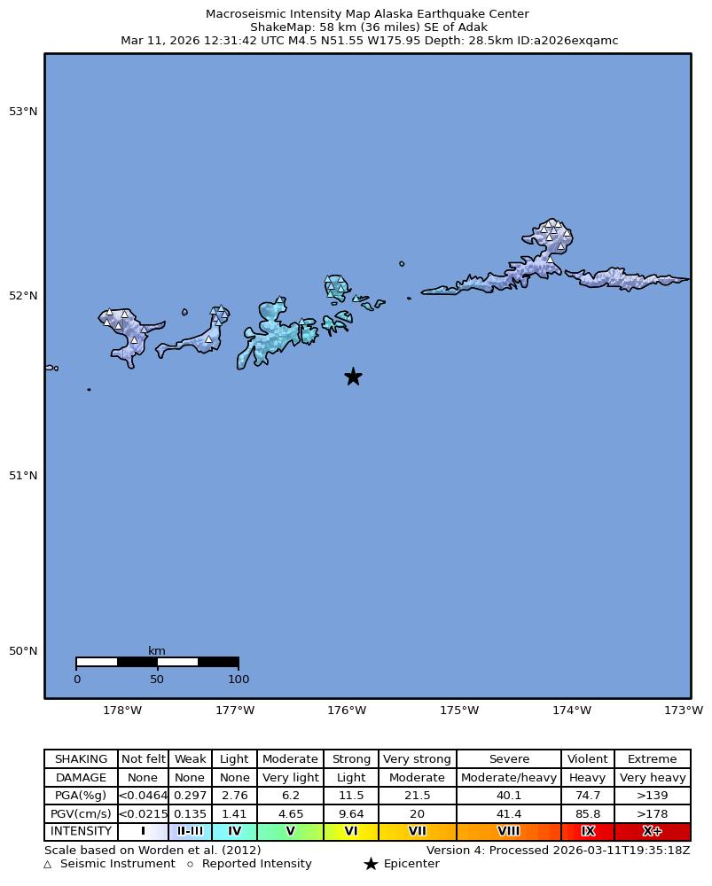 USGS ShakeMap: estimated shaking intensity around the epicenter
