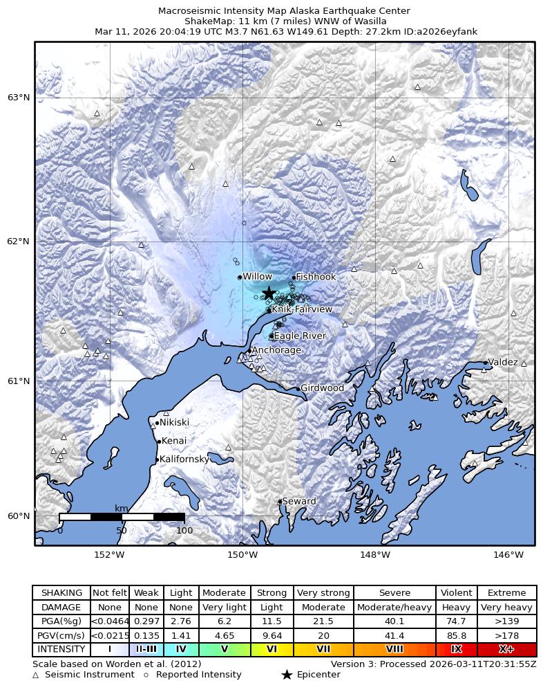 USGS ShakeMap intensity contours for the M3.7 earthquake near 0 km NW of Meadow Lakes, Alaska