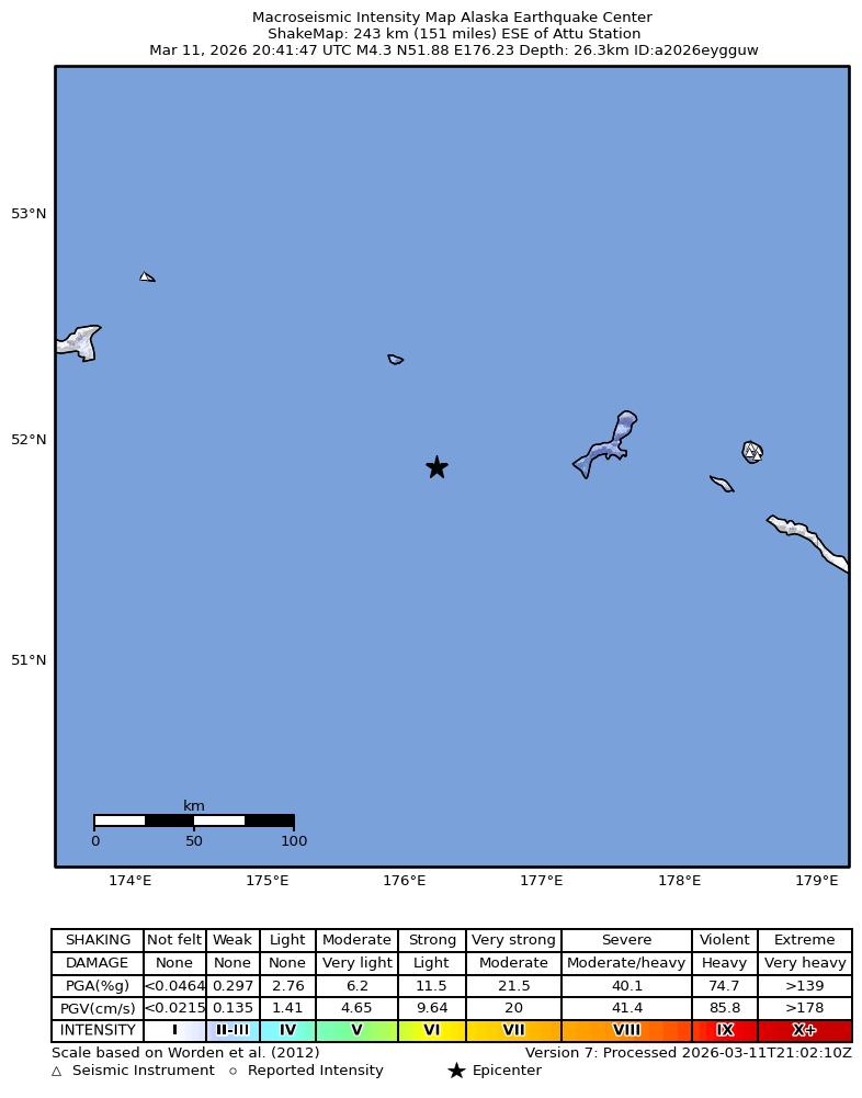 USGS ShakeMap intensity contours for the M4.4 earthquake near 228 km ESE of Attu Station, Alaska