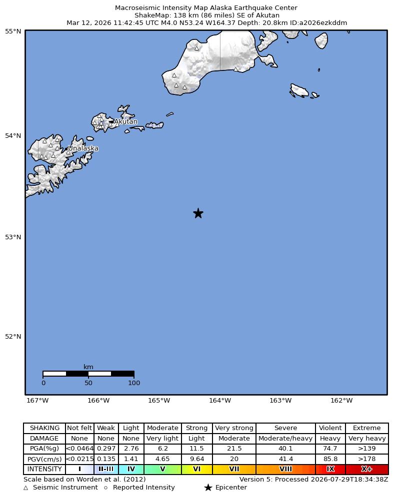 USGS ShakeMap: estimated shaking intensity around the epicenter