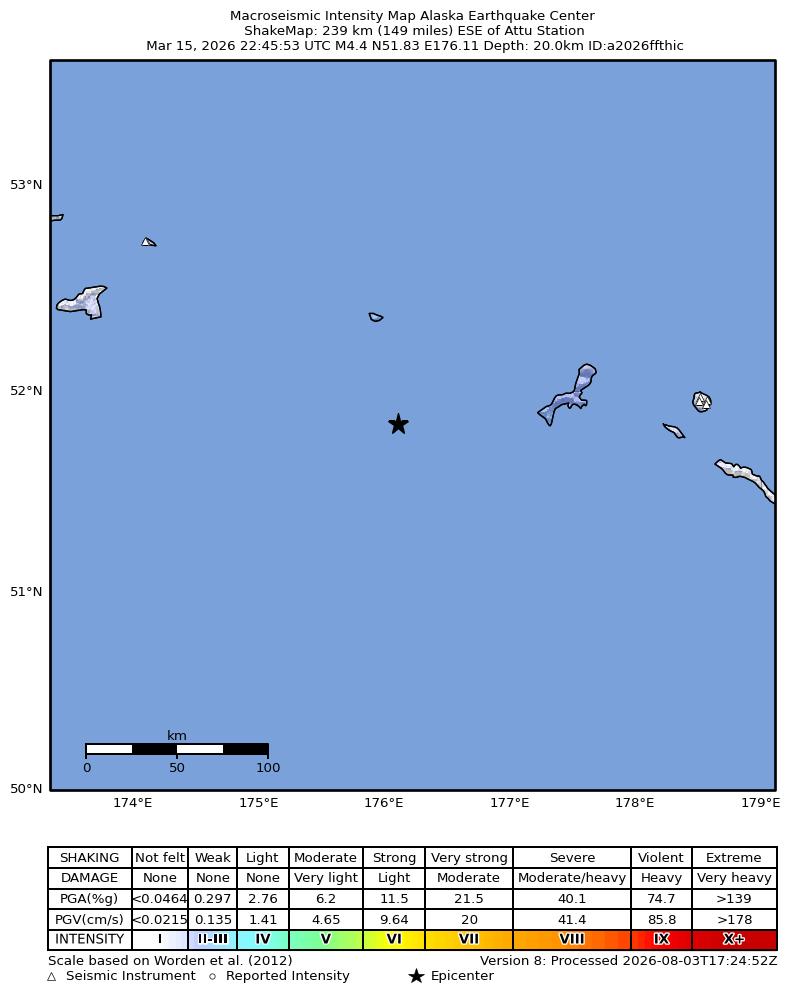 USGS ShakeMap intensity contours for the M4.6 earthquake near 229 km ESE of Attu Station, Alaska