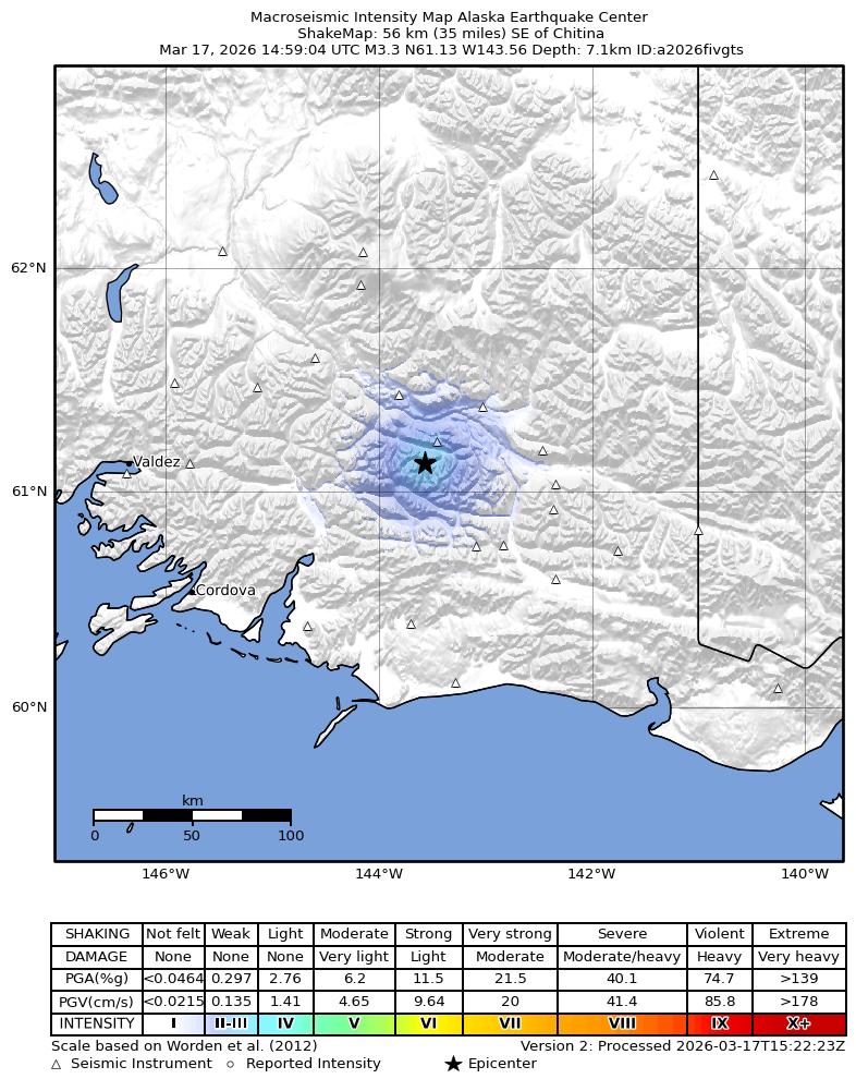 USGS ShakeMap: estimated shaking intensity around the epicenter