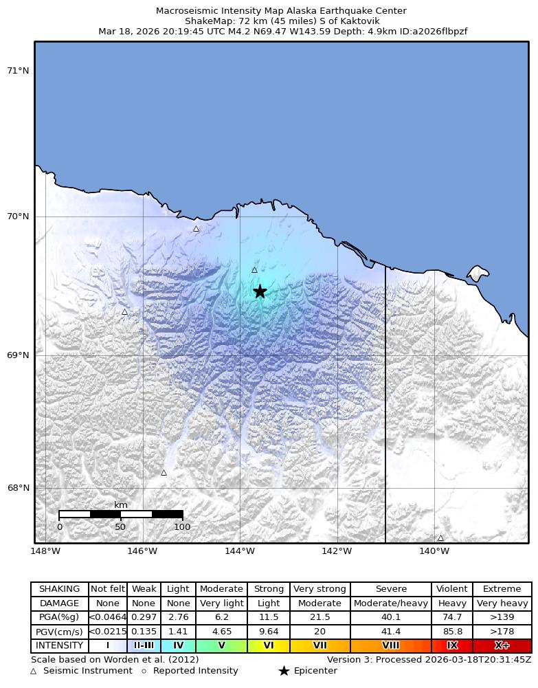 USGS ShakeMap intensity contours for the M4.2 earthquake near 74 km S of Kaktovik, Alaska