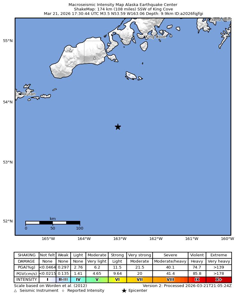 USGS ShakeMap: estimated shaking intensity around the epicenter