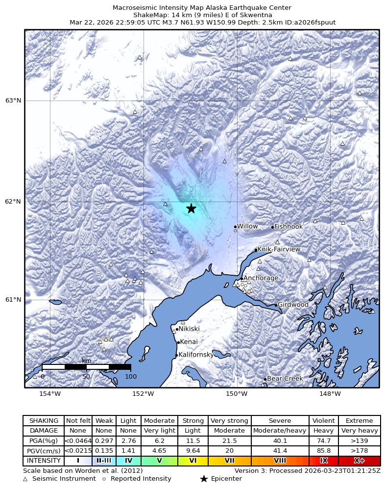 USGS ShakeMap intensity contours for the M3.7 earthquake near 21 km ESE of Skwentna, Alaska