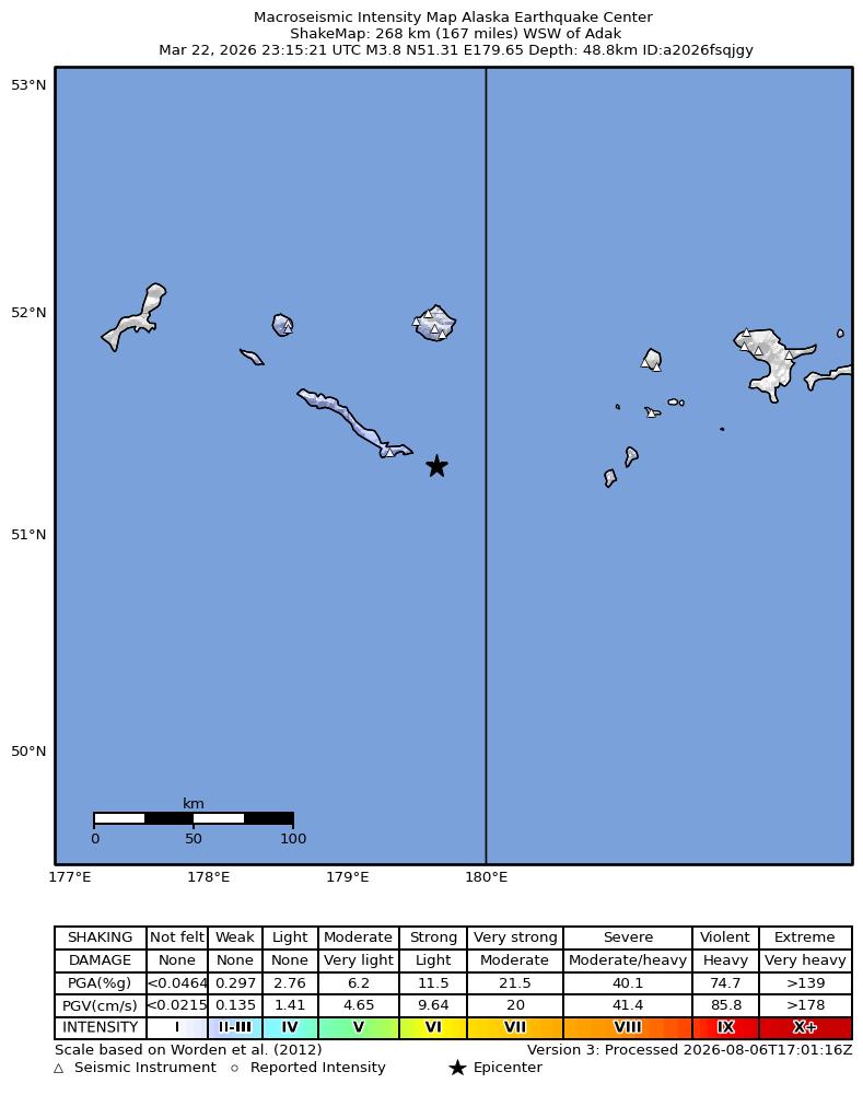 USGS ShakeMap intensity contours for the M3.8 earthquake near 261 km WSW of Adak, Alaska