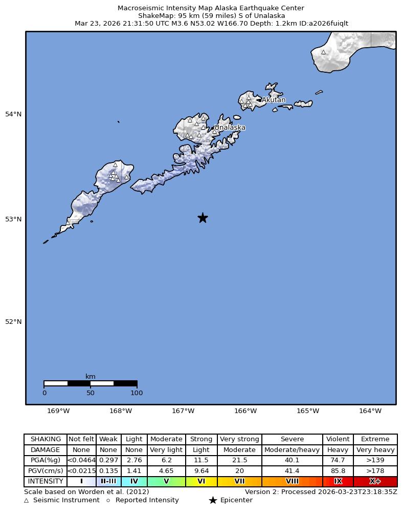 USGS ShakeMap intensity contours for the M3.6 earthquake near 78 km SSW of Unalaska, Alaska