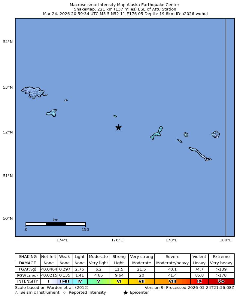 USGS ShakeMap intensity contours for the M5.2 earthquake near 226 km ESE of Attu Station, Alaska