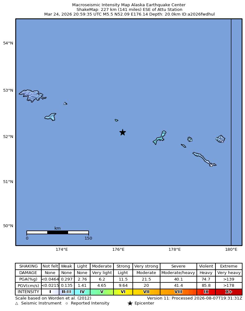 USGS ShakeMap intensity contours for the M5.2 earthquake near 226 km ESE of Attu Station, Alaska