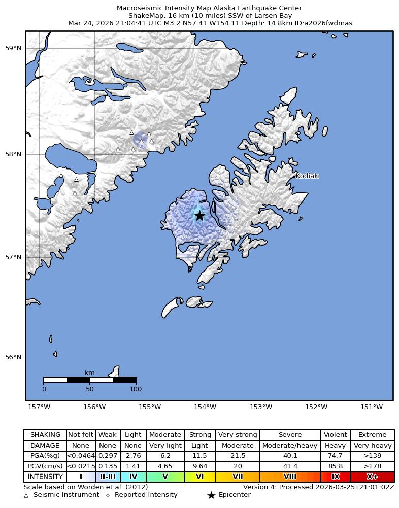 USGS ShakeMap intensity contours for the M3.2 earthquake near 16 km SSW of Larsen Bay, Alaska