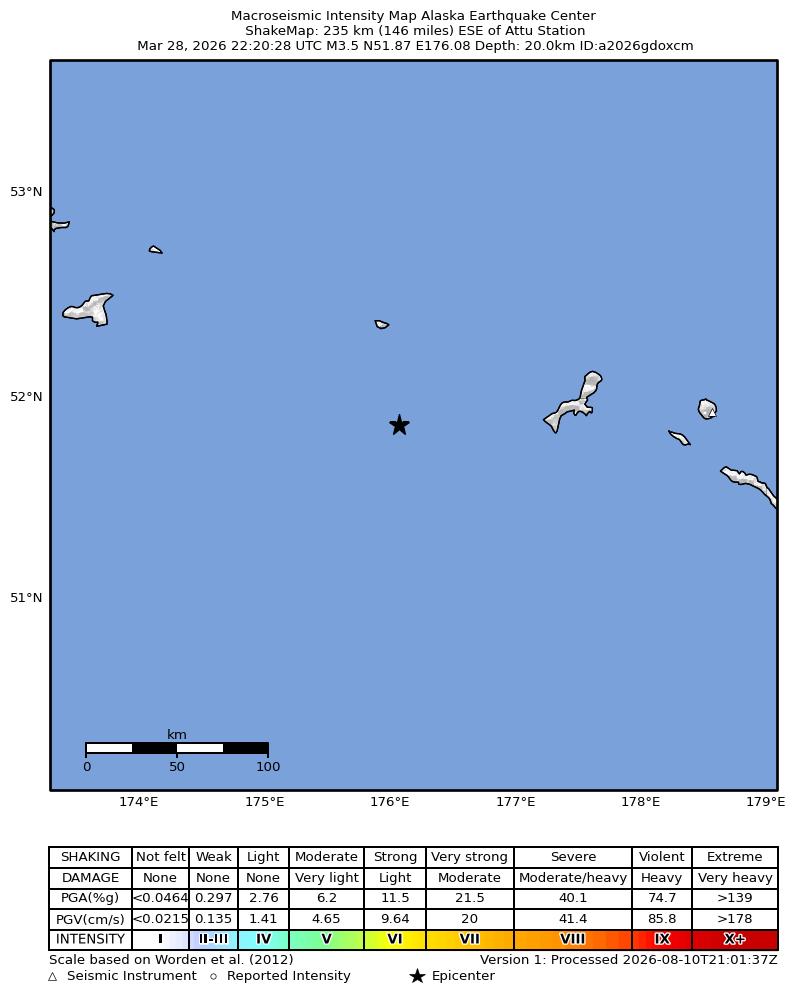 USGS ShakeMap intensity contours for the M3.2 earthquake near 233 km ESE of Attu Station, Alaska