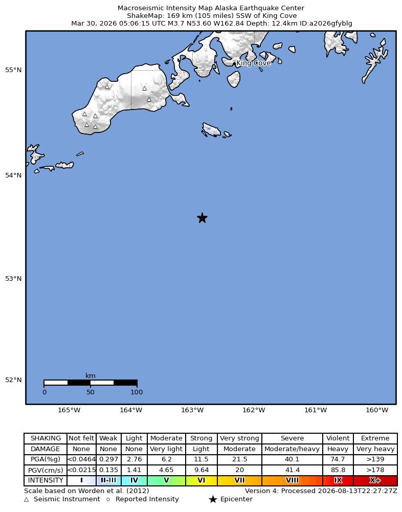 USGS ShakeMap: estimated shaking intensity around the epicenter