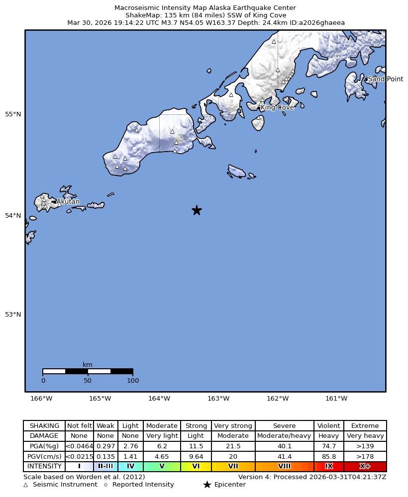 USGS ShakeMap intensity contours for the M3.7 earthquake near 88 km S of False Pass, Alaska
