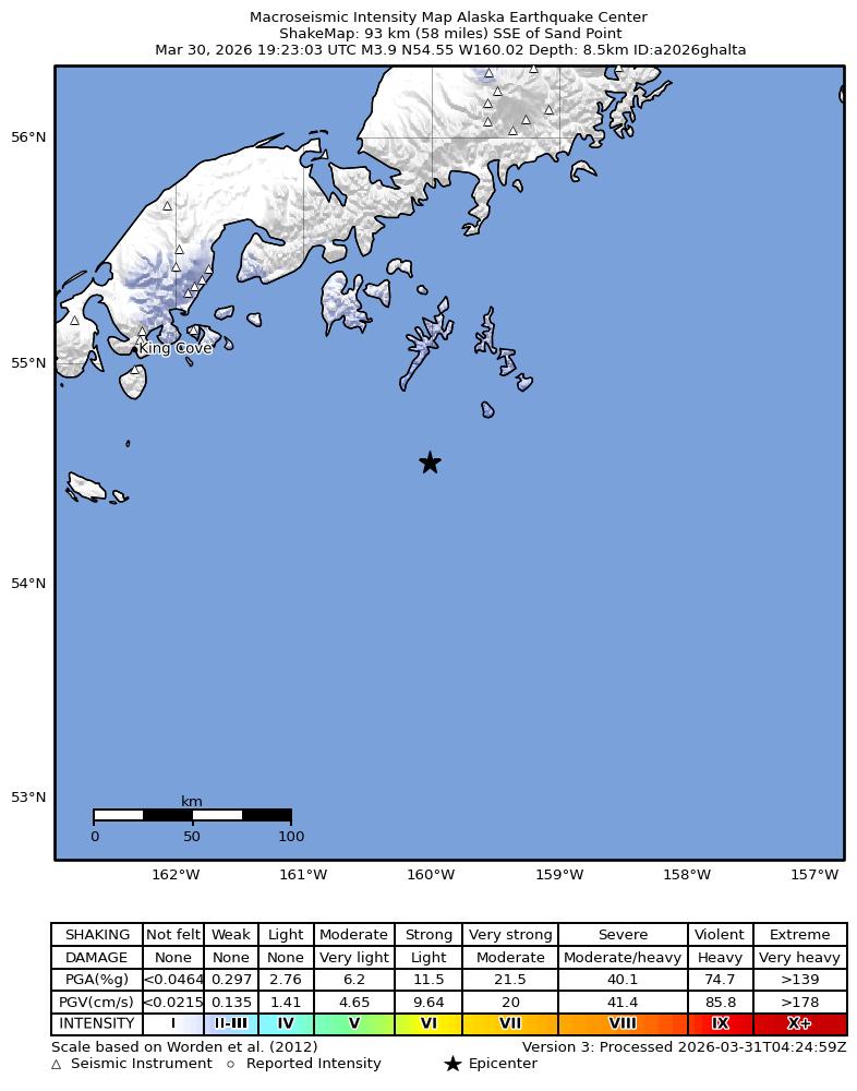 USGS ShakeMap intensity contours for the M3.9 earthquake near 91 km SSE of Sand Point, Alaska