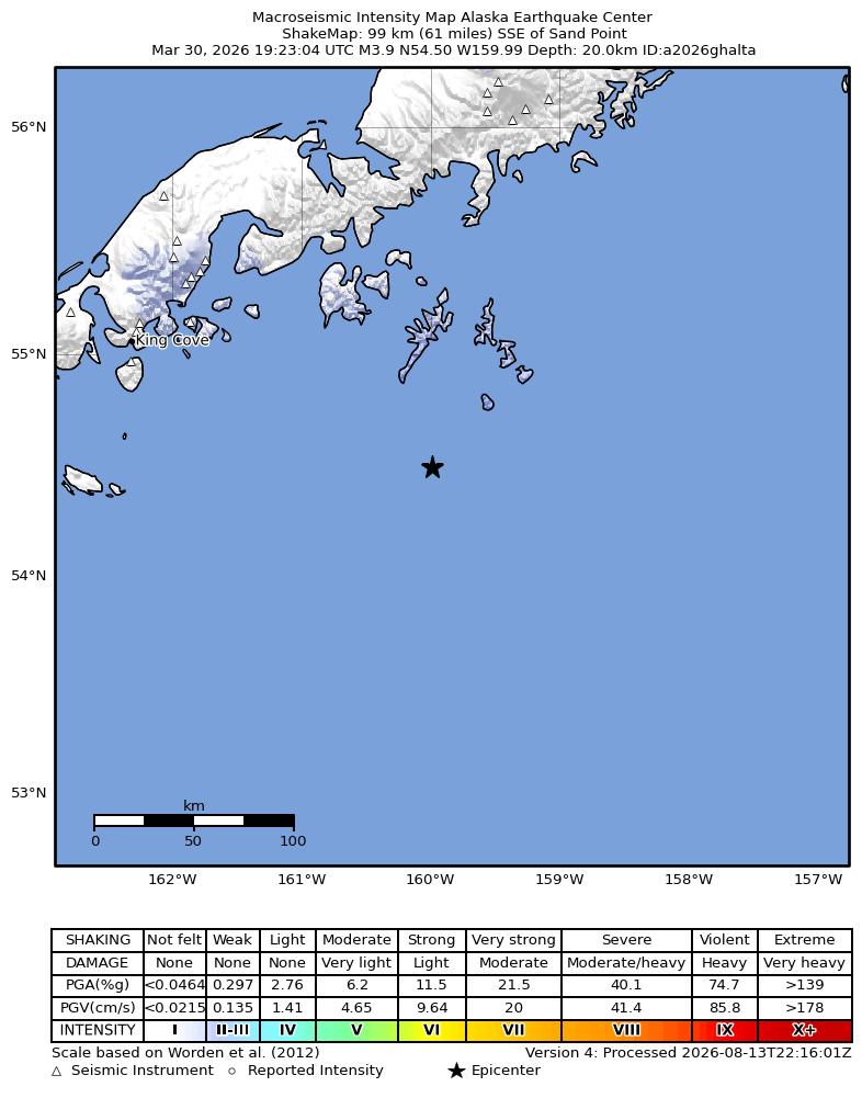 USGS ShakeMap: estimated shaking intensity around the epicenter