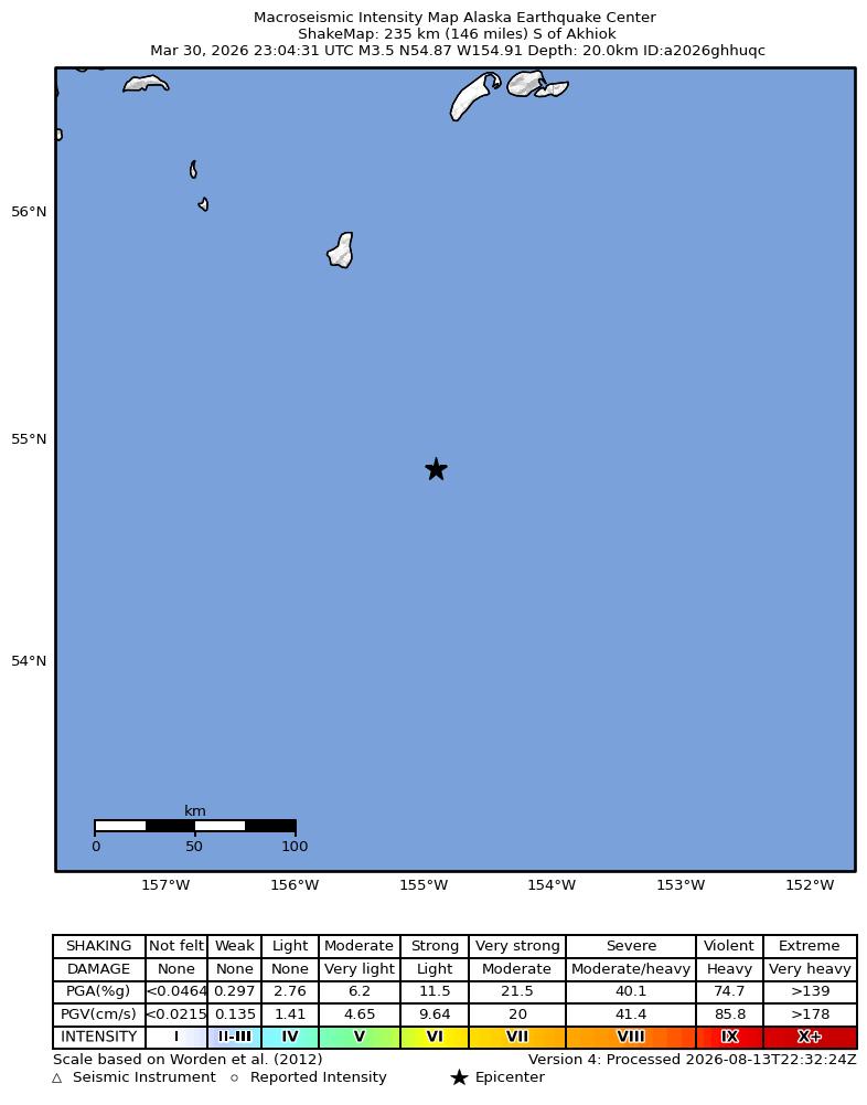 USGS ShakeMap intensity contours for the M3.5 earthquake near 235 km S of Akhiok, Alaska