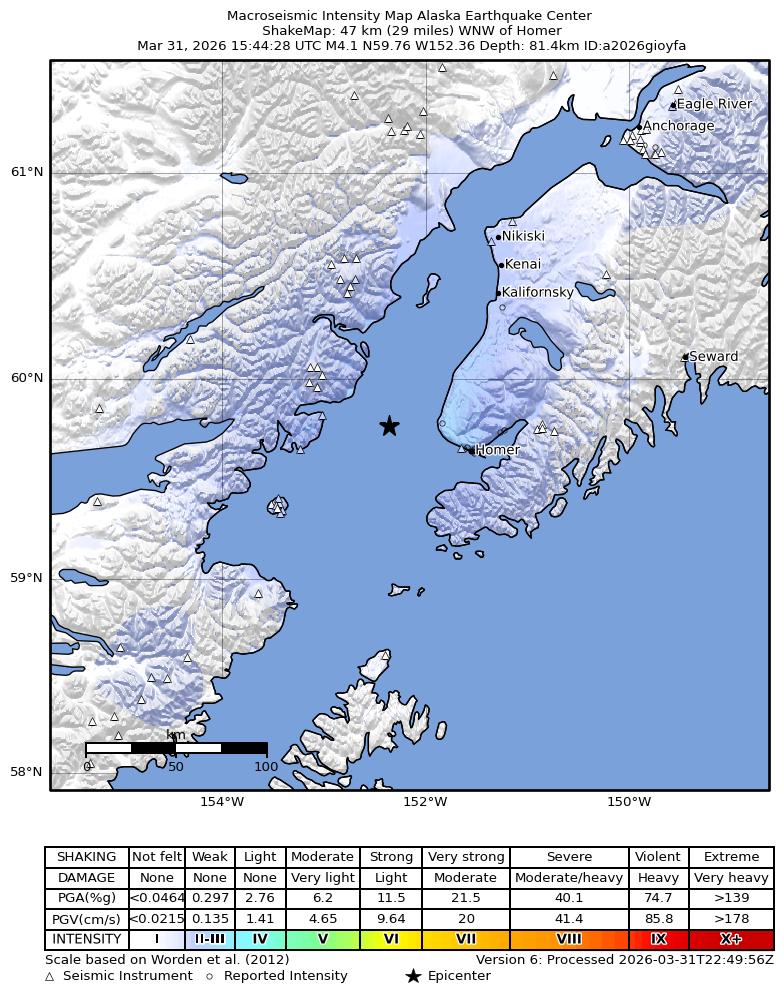USGS ShakeMap: estimated shaking intensity around the epicenter