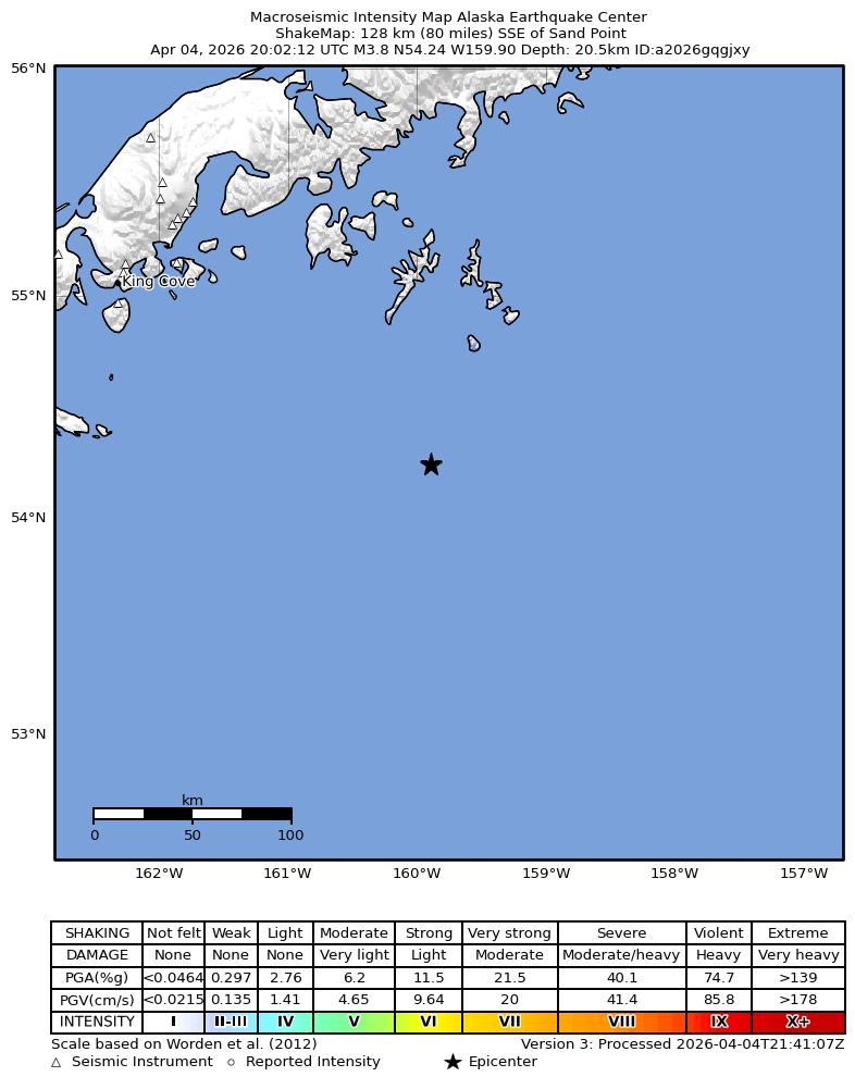 USGS ShakeMap intensity contours for the M3.7 earthquake near 128 km SSE of Sand Point, Alaska