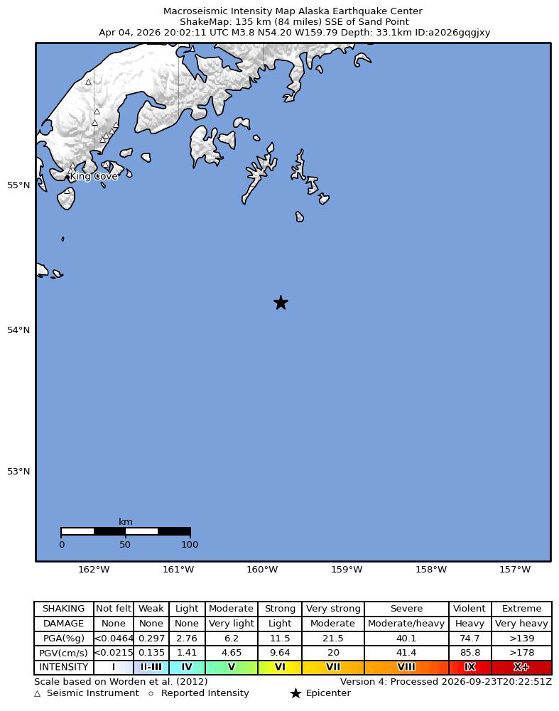USGS ShakeMap: estimated shaking intensity around the epicenter