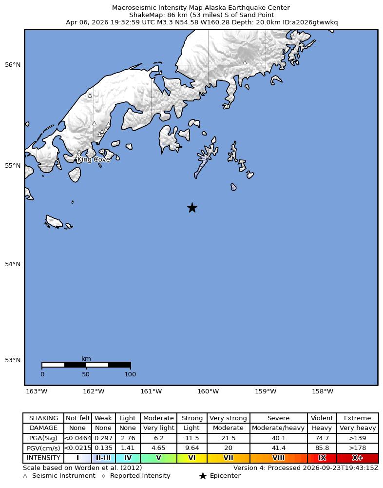 USGS ShakeMap: estimated shaking intensity around the epicenter