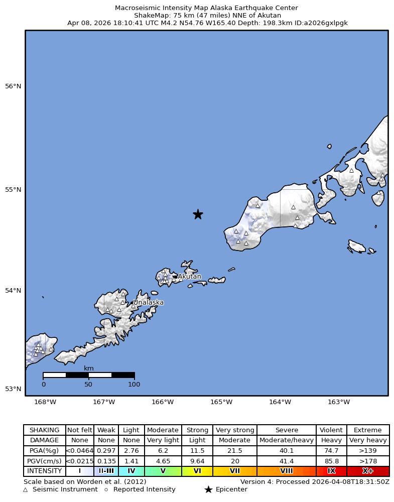 USGS ShakeMap intensity contours for the M4.5 earthquake near 101 km N of Akutan, Alaska