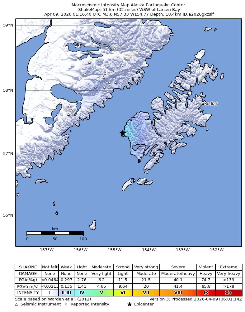 Shaking Intensity M3.6 Earthquake — Karluk, Alaska — April 9, 2026