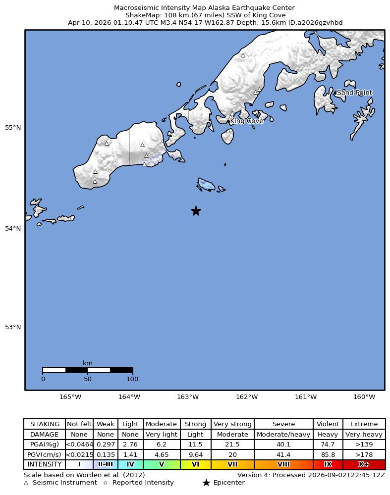 USGS ShakeMap: estimated shaking intensity around the epicenter