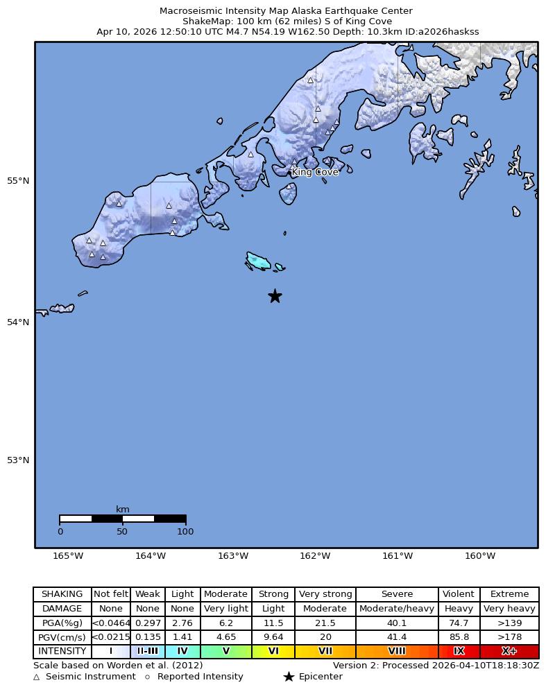 USGS ShakeMap intensity contours for the M4.9 earthquake near 89 km SE of False Pass, Alaska