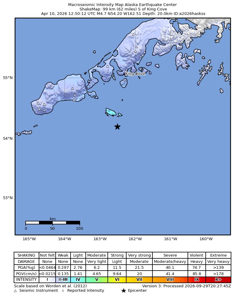 USGS ShakeMap intensity contours for the M4.9 earthquake near 89 km SE of False Pass, Alaska