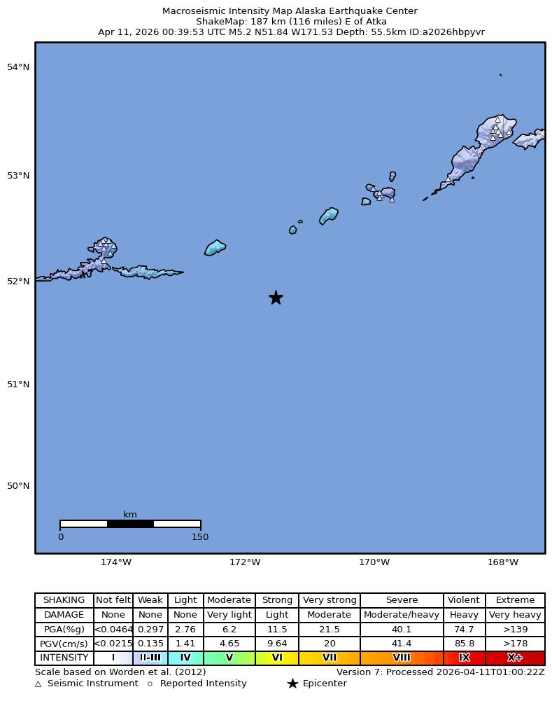 USGS ShakeMap intensity contours for the M4.7 earthquake near 172 km E of Atka, Alaska