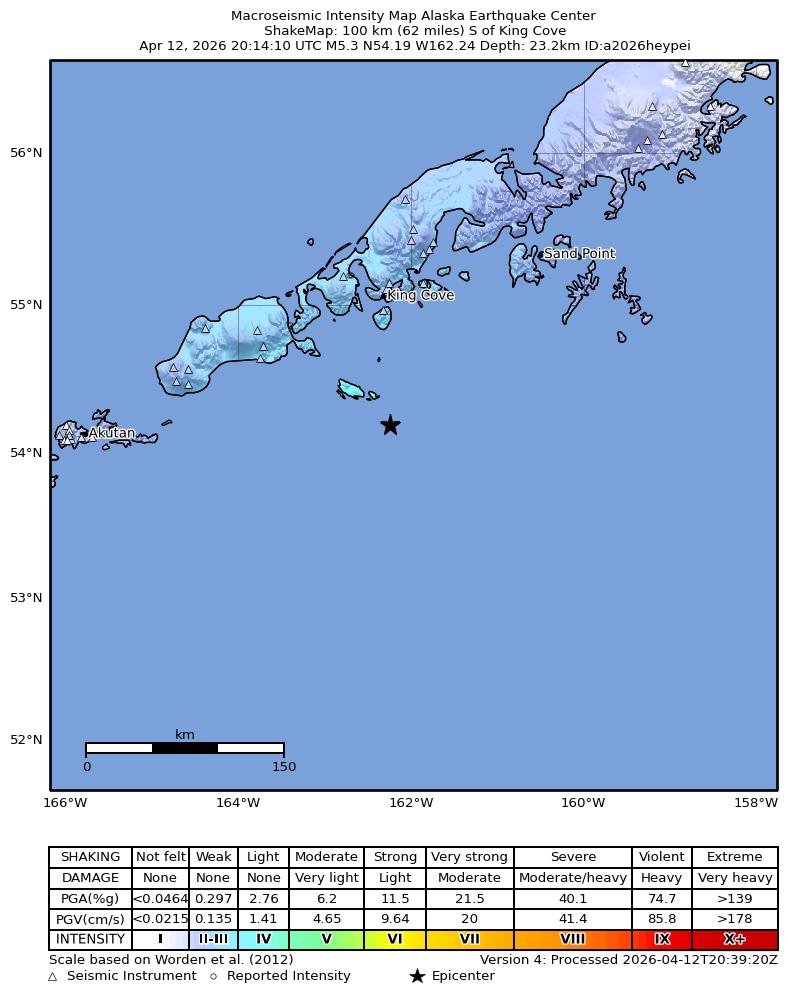 USGS ShakeMap intensity contours for the M5.1 earthquake near 93 km S of King Cove, Alaska