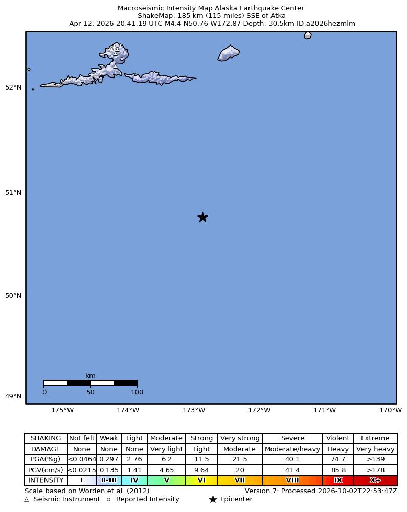 USGS ShakeMap intensity contours for the M4.6 earthquake near 188 km SSE of Atka, Alaska
