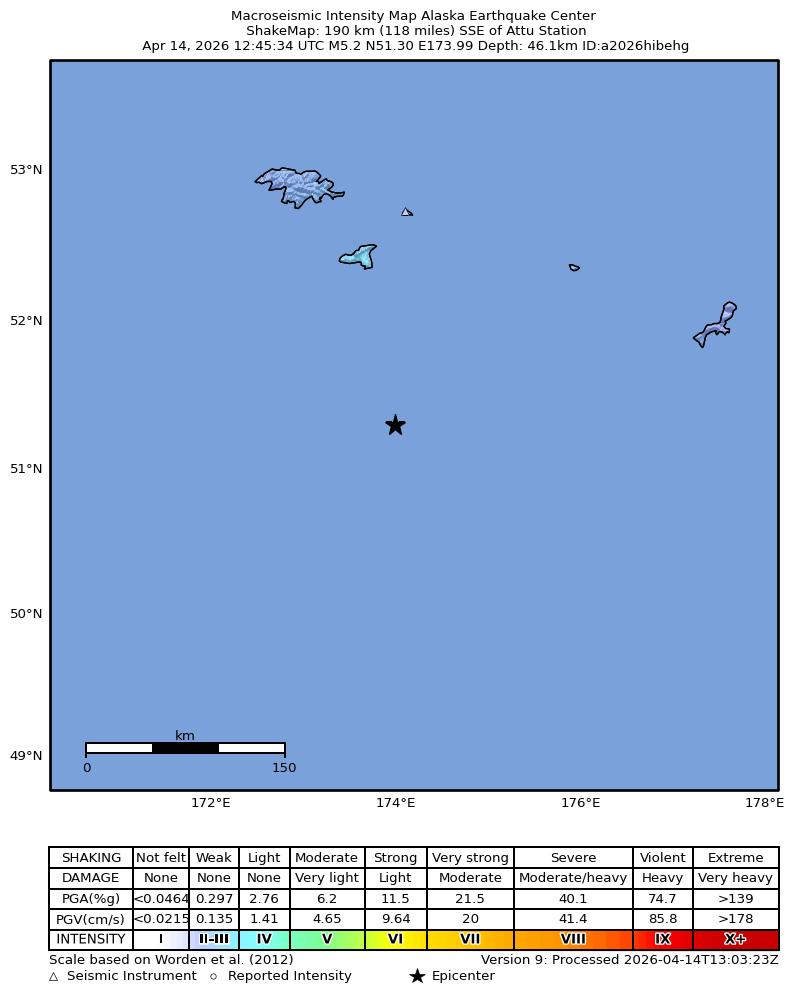 USGS ShakeMap intensity contours for the M4.7 earthquake near 145 km ESE of Attu Station, Alaska