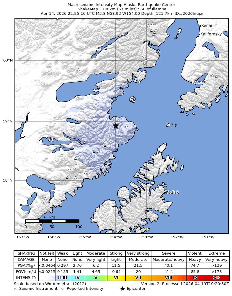 USGS ShakeMap intensity contours for the M3.8 earthquake near 72 km SE of Kokhanok, Alaska