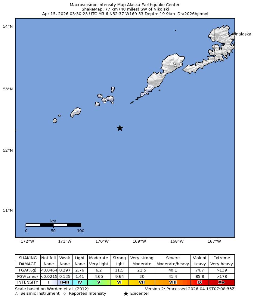 USGS ShakeMap: estimated shaking intensity around the epicenter
