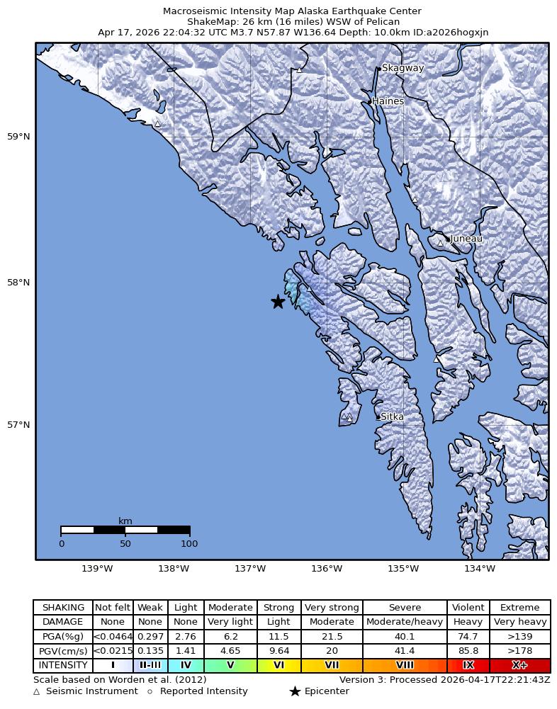 USGS ShakeMap intensity contours for the M3.7 earthquake near 26 km WSW of Pelican, Alaska