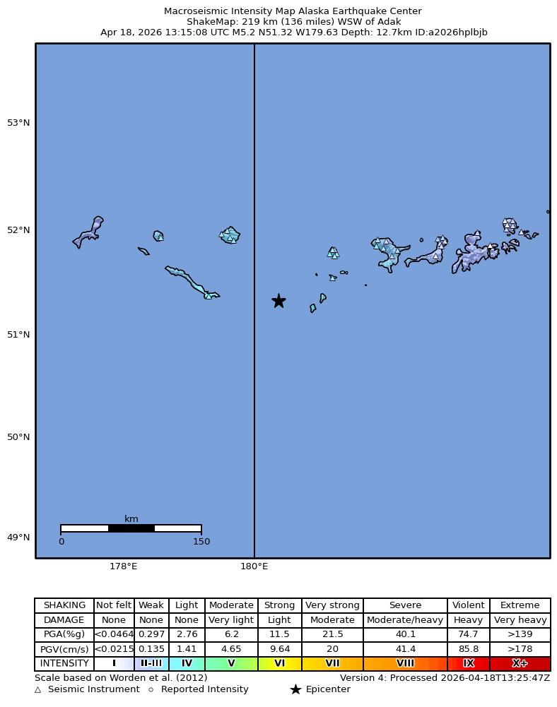 USGS ShakeMap: estimated shaking intensity around the epicenter