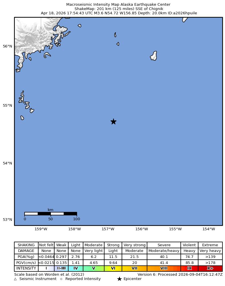 USGS ShakeMap intensity contours for the M3.6 earthquake near 196 km SE of Perryville, Alaska
