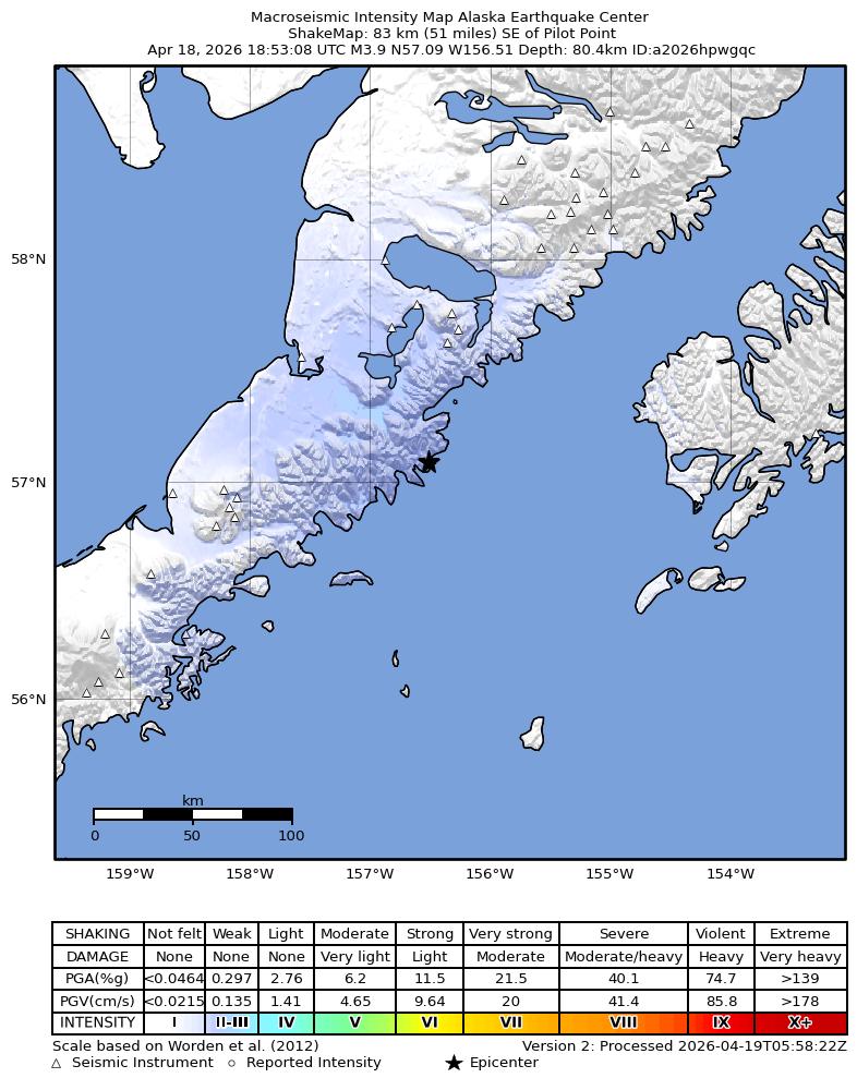 USGS ShakeMap intensity contours for the M3.9 earthquake near 71 km SE of Ugashik, Alaska