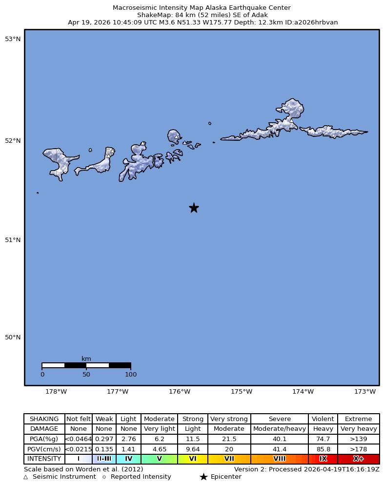 USGS ShakeMap: estimated shaking intensity around the epicenter