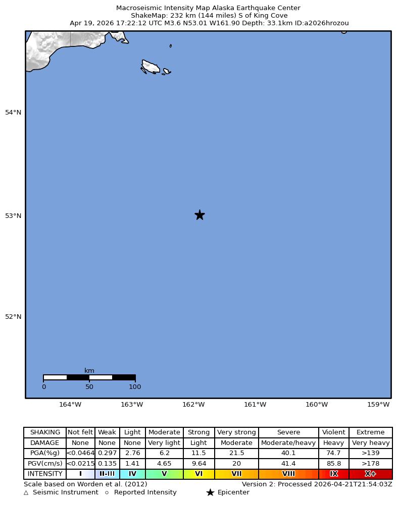 USGS ShakeMap: estimated shaking intensity around the epicenter
