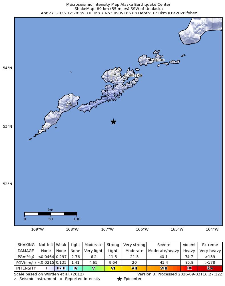 USGS ShakeMap: estimated shaking intensity around the epicenter