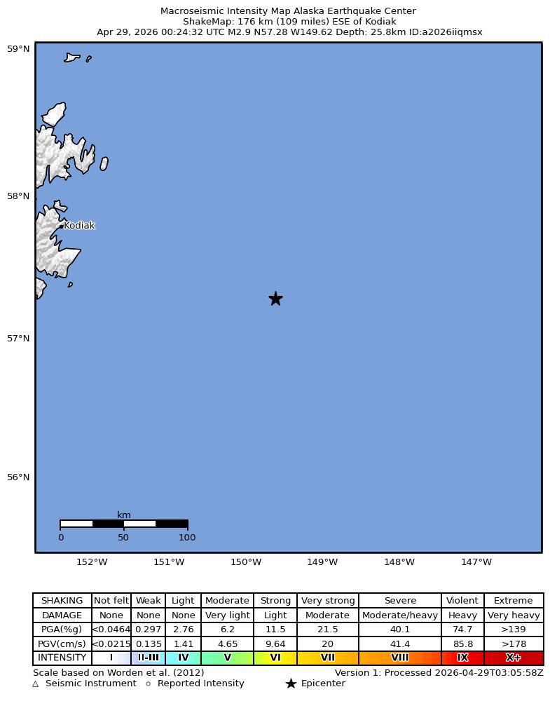 USGS ShakeMap: estimated shaking intensity around the epicenter