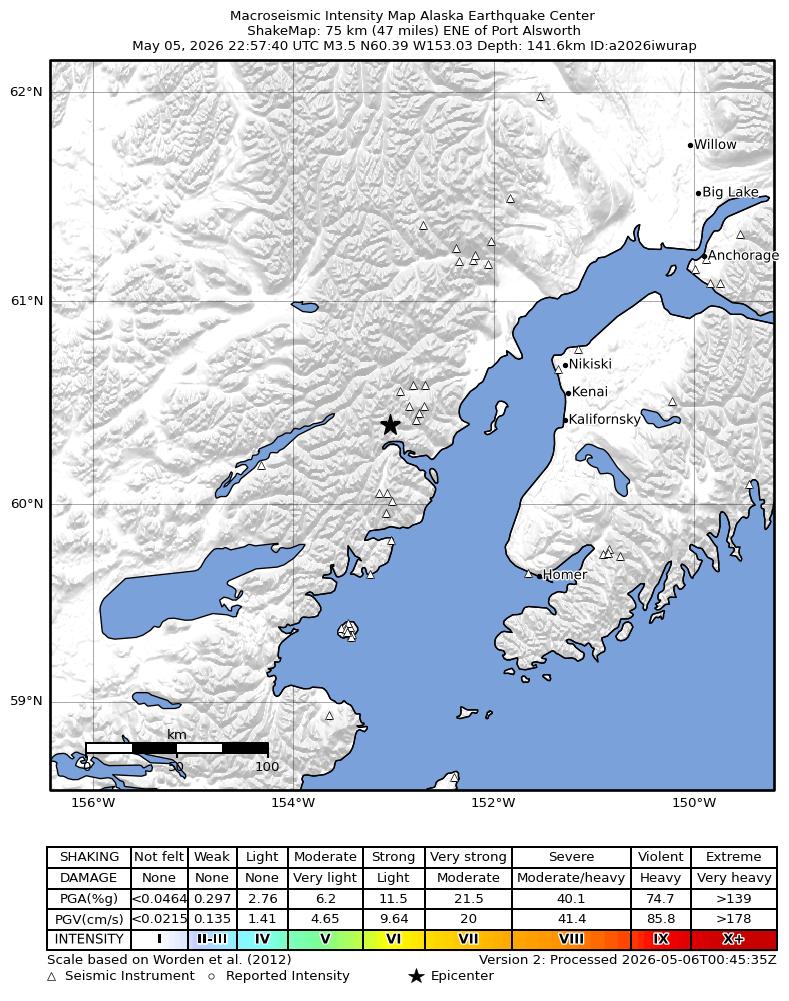 USGS ShakeMap intensity contours for the M3.5 earthquake near 74 km ENE of Port Alsworth, Alaska
