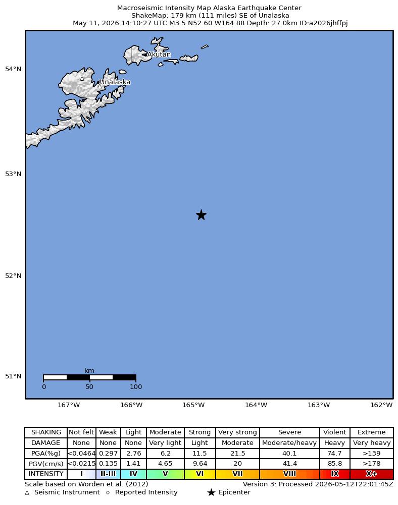 USGS ShakeMap: estimated shaking intensity around the epicenter