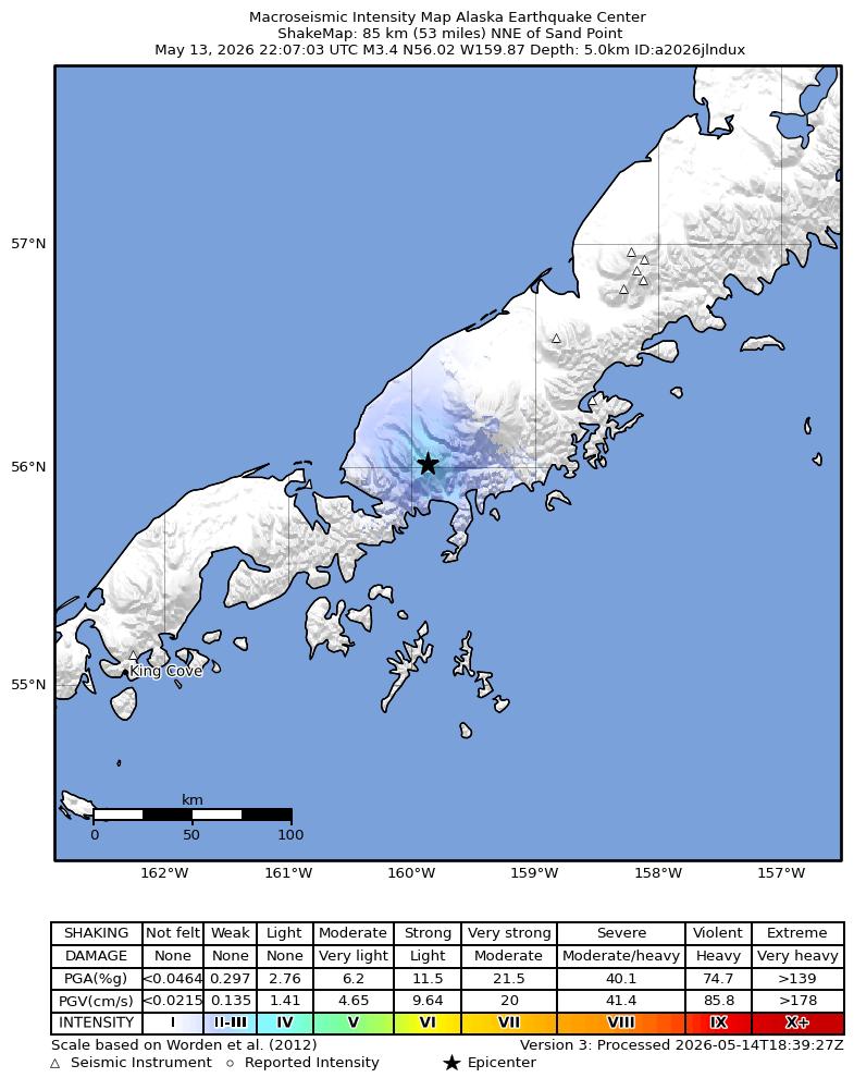 USGS ShakeMap intensity contours for the M3.4 earthquake near 27 km WNW of Ivanof Bay, Alaska
