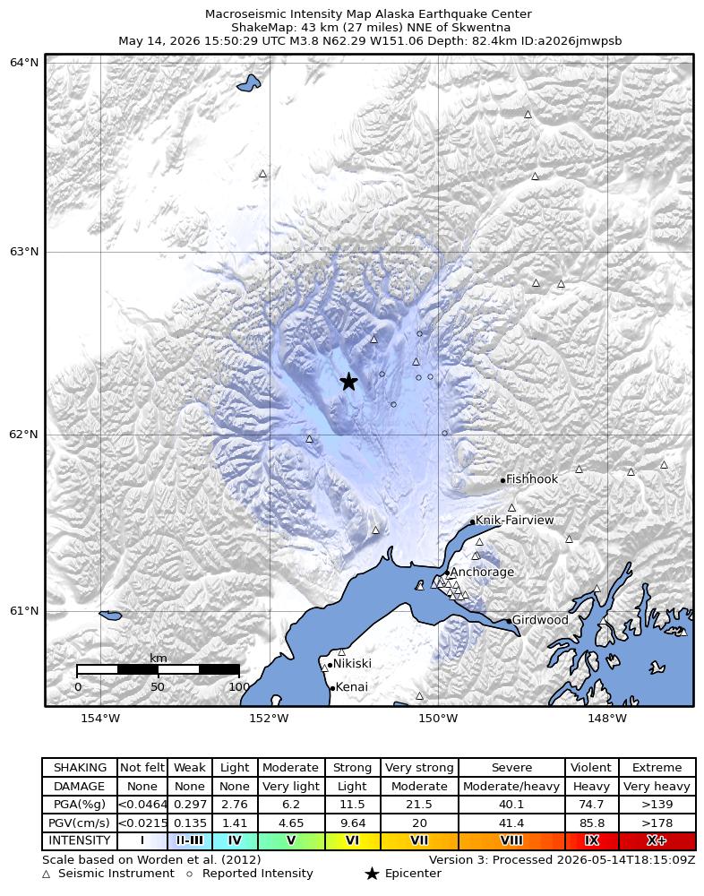 USGS ShakeMap intensity contours for the M3.8 earthquake near 27 km SW of Petersville, Alaska