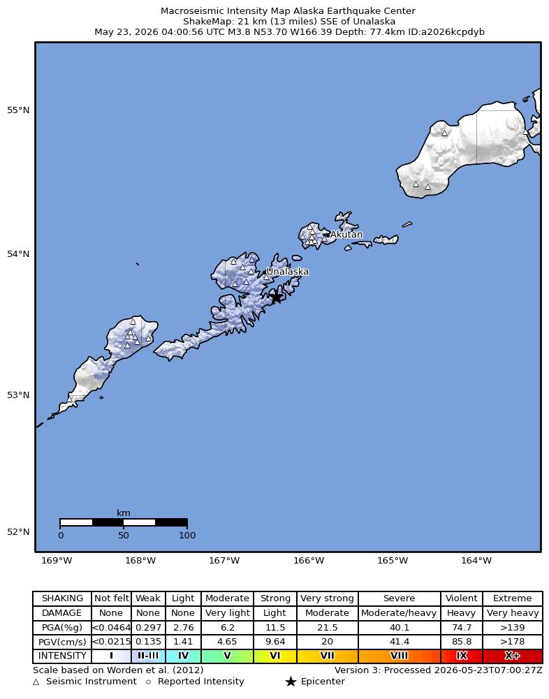 USGS ShakeMap: estimated shaking intensity around the epicenter